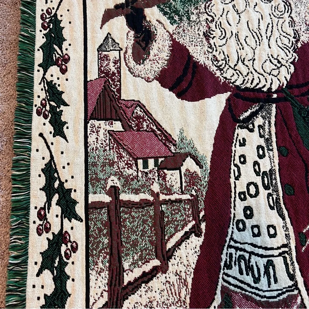 Festive Holiday Tapestry Throw blanket cover with Santa Carrying Tree 44” x 69”